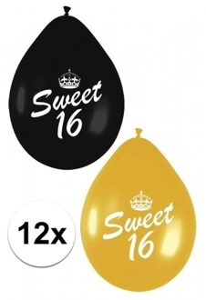 12x Sweet 16 ballonnen zwart/goud - Ballonnen Multikleur