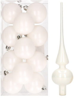 12x Winter witte kunststof kerstballen met glazen piek glans - Kerstbal