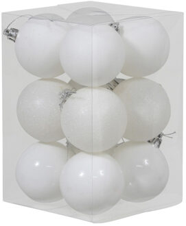 12x Witte kunststof kerstballen 6 cm glans/mat/glitter - Kerstbal