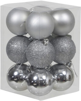 12x Zilveren kunststof kerstballen 6 cm glans/mat/glitter - Kerstbal Zilverkleurig