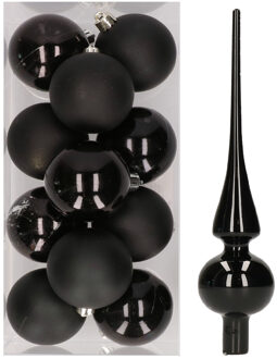 12x Zwarte kunststof kerstballen met glazen piek glans - Kerstbal