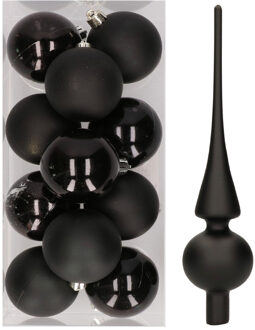 12x Zwarte kunststof kerstballen met glazen piek mat - Kerstbal