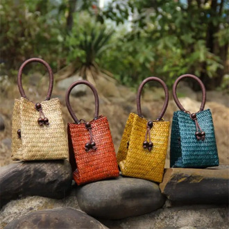 12x15CM Retro Japanese Handmade Straw Bag Mini Knitting Women Tea Ceremony Storage Knitting Handbag a6100