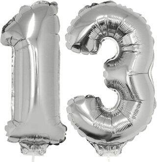 13 jaar leeftijd feestartikelen - versiering cijfers - ballonnen op stokje - van 41 cm - zilver