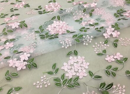 135*100Cm Bloemen Lady Meisje Kind Jurk Applique Diy Hoofdtooi Sjaal Veil Geborduurde Lace Stof Patch Gordijn roze groen