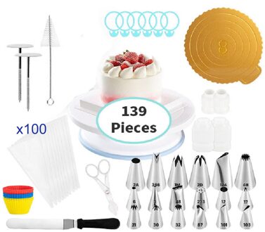 139Pcs Cake Draaitafel Roterende Decoreren Draaitafel Siliconen Cup Borstel Spuitzak Tips Anti-Slip Ronde Cake Stand Rotary tafel