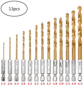13Pcs Hoge Snelheid Staal Titanium Coated Boor Set Hex Schacht 1.5-6.5Mm Zeshoekige Handvat Twist Boor