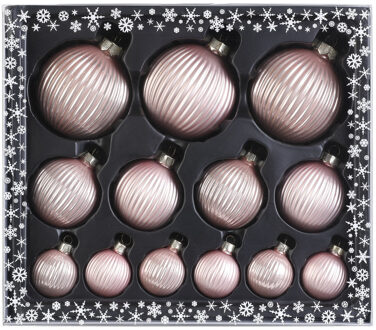 13x stuks luxe glazen kerstballen ribbel lichtroze 4, 6, 8 cm