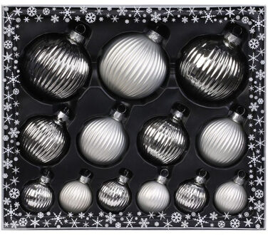 13x stuks luxe glazen kerstballen ribbel zilver 4, 6, 8 cm