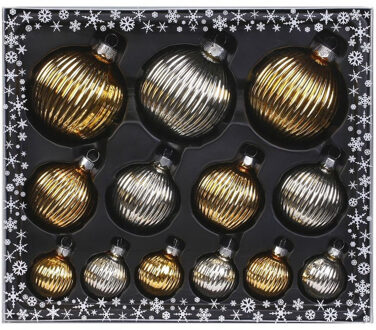 13x stuks luxe glazen kerstballen ribbel zilver/goud 4, 6, 8 cm - Kerstbal Multikleur