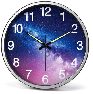 14 Inch Wandklok Woonkamer Decoratieve Creatieve Persoonlijkheid Nachtlampje Digitale Klok Mute Slaapkamer Metalen Grote Quartz Klok zilver kader-B