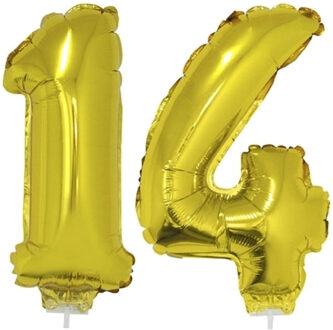 14 jaar leeftijd versiering cijfers - verjaardag - ballonnen op stokje - van 41 cm - goud