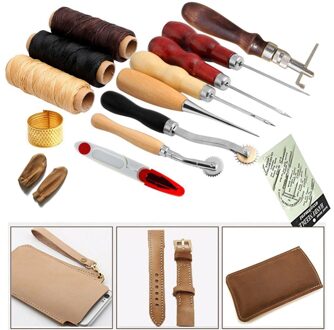 14 stks Lederen Craft Set Hand Stiksels Naaien Gereedschap DIY Touw Naald Vingerhoed Draad Priem Handwerk Kits
