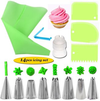 14 Stks/set Herbruikbare Rvs Piping Nozzle Tips Bakken Set Icing Piping Nozzles Set Spuitzak Diy Cake Decorating Gereedschap groen