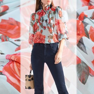 140 CM Breed 200 G/ML Big Rose Print Lichtblauw Polyester Chiffon stof voor Zomer Lange en Korte Jurk Shirt Shirt Blouse E687