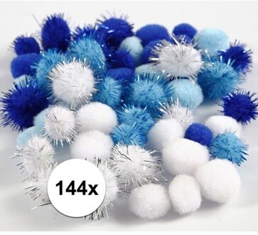 144x knutsel pompons 15-20 mm wit/blauw