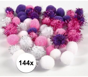 144x knutsel pompons 15-20 mm wit/paars