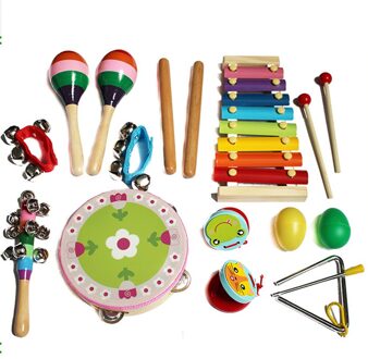 14Pcs Baby Speelgoed Muziek Instrument Speelgoed Houten Percussie Xylofoon Maraca Rammelaars Kinderen Voorschoolse Onderwijs Speelgoed Met Opbergtas