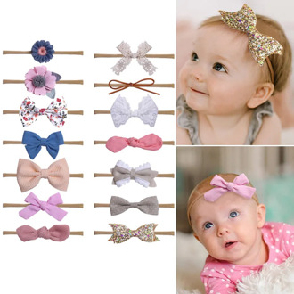 14PCS/Set Nylon Baby Girl Lace Headband Set Knitting Soft Headbands Bows Flowers Hairband For Newborn Infant Toddlers Kids