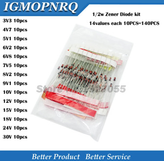 14values each 10PCS=140PCS 0.5W regulator 3.3v-30v 1/2w Zener Diode component Assorted kit 3V3 4V7 5V1 6V2 6V8 7V5 8V2 30V
