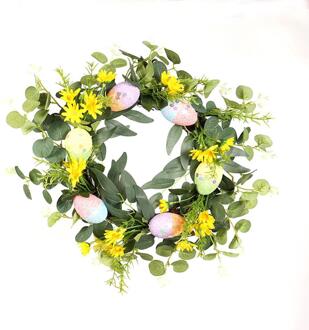 15.7Inch Pasen Krans Met Gemengde Bloemen Takjes Pastel Eieren Voor Thuis Woonkamer Garland Decor