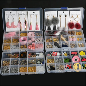 15 Grid Box Tassel/Pendants/Wood Beads/Pompom Fur Ball Earring Hooks Clasps Findings Box for DIY Handmade Earring Making Jewelry