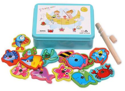 15 Stks/set Magnetische Vis Speelgoed Set Kinderen Houten Vissen Spel Met Ijzer Boxed Ouder-kind Uitwisseling Interactieve Speelgoed Juguetes blauw