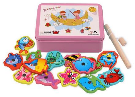 15 Stks/set Magnetische Vis Speelgoed Set Kinderen Houten Vissen Spel Met Ijzer Boxed Ouder-kind Uitwisseling Interactieve Speelgoed Juguetes roze