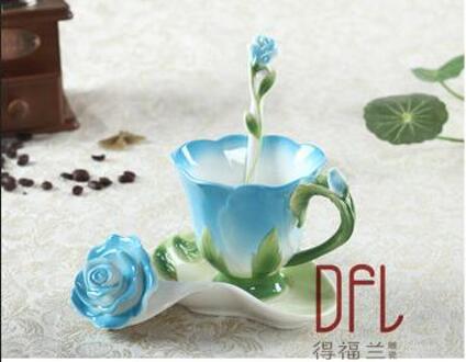 150Ml Emaille Rose Koffie Mokken Thee Kopjes En Mokken Met Schotel Lepel Lover Drinkware Blauw