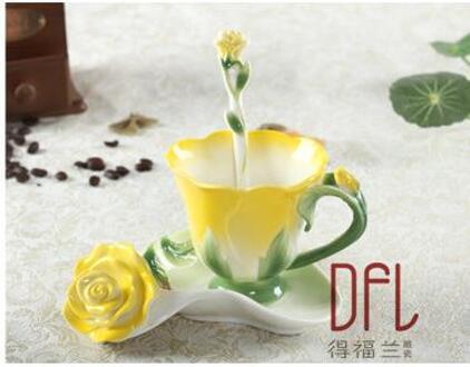 150Ml Emaille Rose Koffie Mokken Thee Kopjes En Mokken Met Schotel Lepel Lover Drinkware Geel