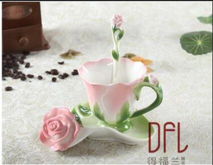 150Ml Emaille Rose Koffie Mokken Thee Kopjes En Mokken Met Schotel Lepel Lover Drinkware Roze