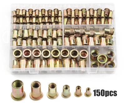 150pcs/set M3 M4 M5 M6 M8 M10 Carbon Steel Rivet Nuts Insert Rivets Multi Size Flat Head Rivet Nuts Set Threaded Insert Nut Kit