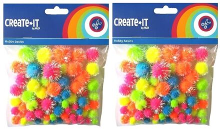 150x Knutsel pompoms neon gekleurd met glitters - Hobby decoratie materiaal