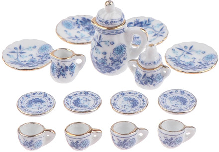 15Pcs 1:12 Dollhouse Miniature Tableware Porcelain Ceramic Tea Cup Set
