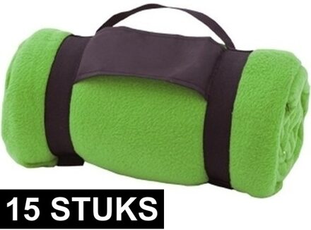 15x Fleece dekens/plaids groen met afneembaar handvat 160 x 130 cm - Action products