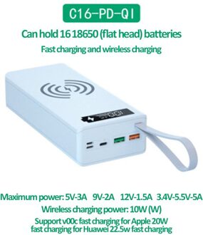 16*18650 Batterij Opbergdoos Pd QC3.0 Quick Lading Diy Power Bank Box Case 10W Snelle Draadloze Opladen 18650 Batterij Houder Doos wit-Quick draadloze