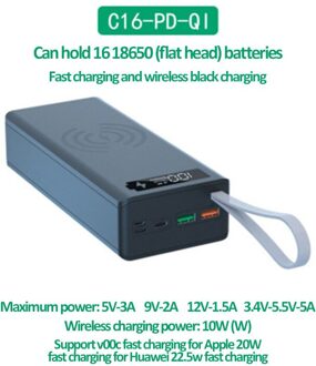 16*18650 Batterij Opbergdoos Pd QC3.0 Quick Lading Diy Power Bank Box Case 10W Snelle Draadloze Opladen 18650 Batterij Houder Doos zwart-Quick draadloze