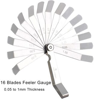 16 Blades Originele Dikte Gebogen Rvs Gap Metric Filler Voelermaat 0.05 0.10 0.15 0.20 0.25 0.30 0.35 0.40 0.50