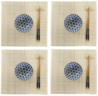 16-delige sushi serveer set aardewerk voor 4 personen blauw/wit