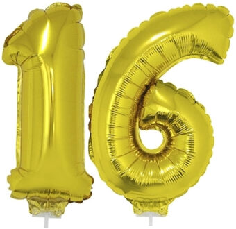 16 jaar leeftijd versiering cijfers - verjaardag - ballonnen op stokje - van 41 cm - goud