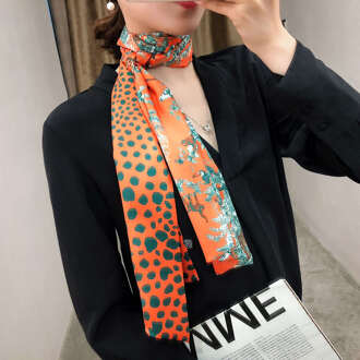 160 Cm * 20 Cm Luxe Bloem Vogel Leopard Gedrukt Lange Sjaal Vrouwen Dubbelzijdig Twill Zijde Dames hoofd Sjaal Zakdoek oranje