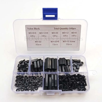 160Pcs M3 Nylon Black M-F Hex Spacers Screw Nut Assortment Kit Stand off Set Box Nylon Male-Female Standoff