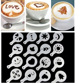 16Pcs Koffie Stencils Fancy Koffie Afdrukken Model Schuim Spuiten Taart Stencils Koffie Tekening Cappuccino Mold Poedervorm Zeef Gereedschap