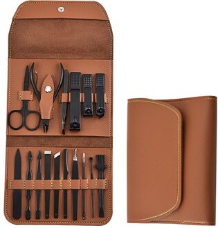 16Pcs Manicure Pedicure Set Vinger Teen Nagelknipper Schaar Grooming Tool Met Leather Case Kit Voor Vrouwen Mannen donker bruin