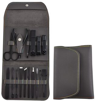 16Pcs Manicure Pedicure Set Vinger Teen Nagelknipper Schaar Grooming Tool Met Leather Case Kit Voor Vrouwen Mannen grijs
