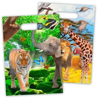 16x Safari/jungle themafeest feestzakjes 16,5 x 23 cm - Dieren feestartikelen thema uitdeelzakjes