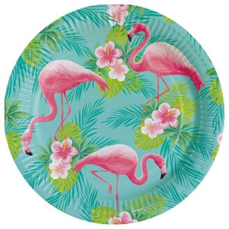 16x stuks Flamingo party bordjes 23 cm - Herbruikbaar van karton - Hawaii/Tropische feestartikelen