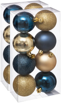 16x stuks kerstballen mix blauw/champagne glans en mat kunststof 7 cm - Kerstbal