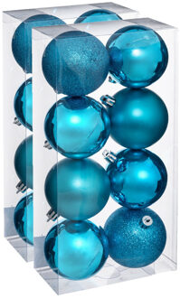 16x stuks kerstballen turquoise blauw glans en mat kunststof 7 cm - Kerstbal