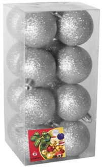 16x stuks kerstballen zilver glitters kunststof 5 cm - Kerstbal Zilverkleurig